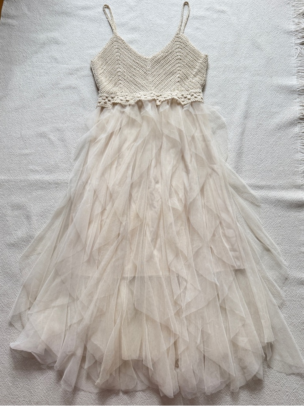 Chicwish Cream Tulle Waterfall Ruffles Crochet Dress S/M Festival Boho Summer - Picture 2 of 7